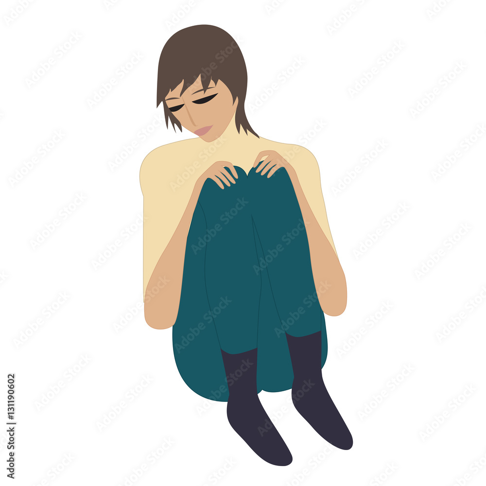 young man sitting head bowed and hands holding knee reflects isolated on white background art