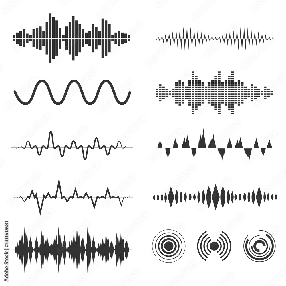 Signal wave set. Vector analog signals and digital sound waves forms Signal wave set. Vector analog signals and digital sound waves forms