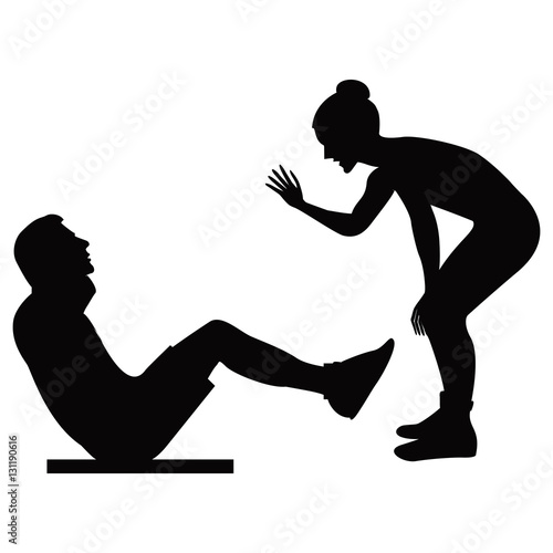 girl trainer holds training session a man shakes a press black silhouette on a white background isolated vector illustration