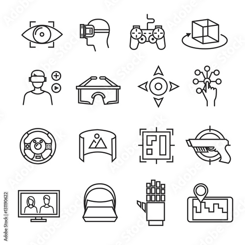 Virtual reality thin line icons equipment, 3D headset glasses, simulation sensor