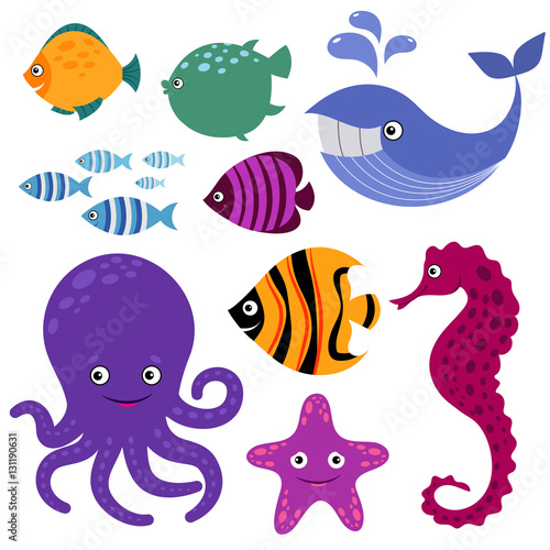 Cute vector sea creatures. Cartoon smiling animals