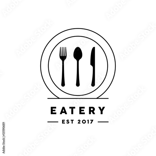 Eatery restaurant logo with line style knife, fork, spoon and plate icon. Vector illustration.