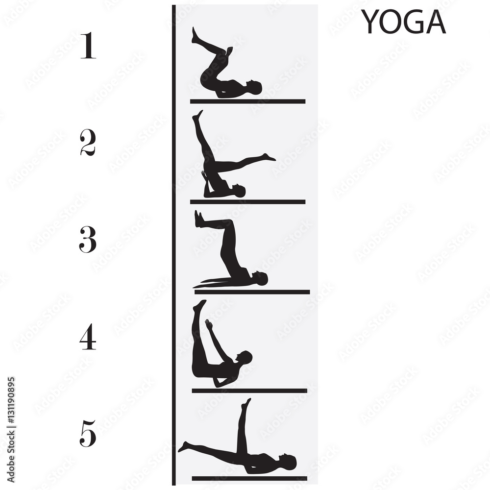 complex set of yoga stretching exercises at the wall silhouette of the