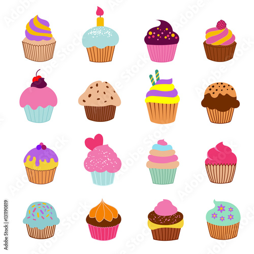 Cupcakes illustration vector. Vanilla chocolate and cherry muffin set
