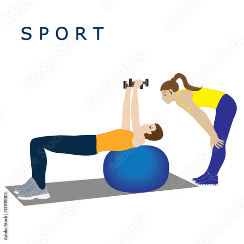 trainer woman conducts classes exercise with dumbbells on a ball isolated vector white background Sport Yoga