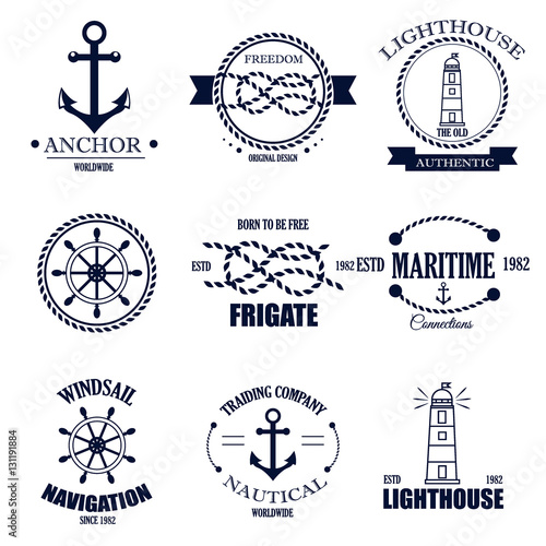 Set of vintage retro nautical badges and vector labels.