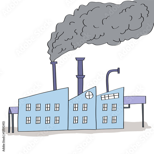 Hand drawn illustration of factory with black smoke rising from chimney