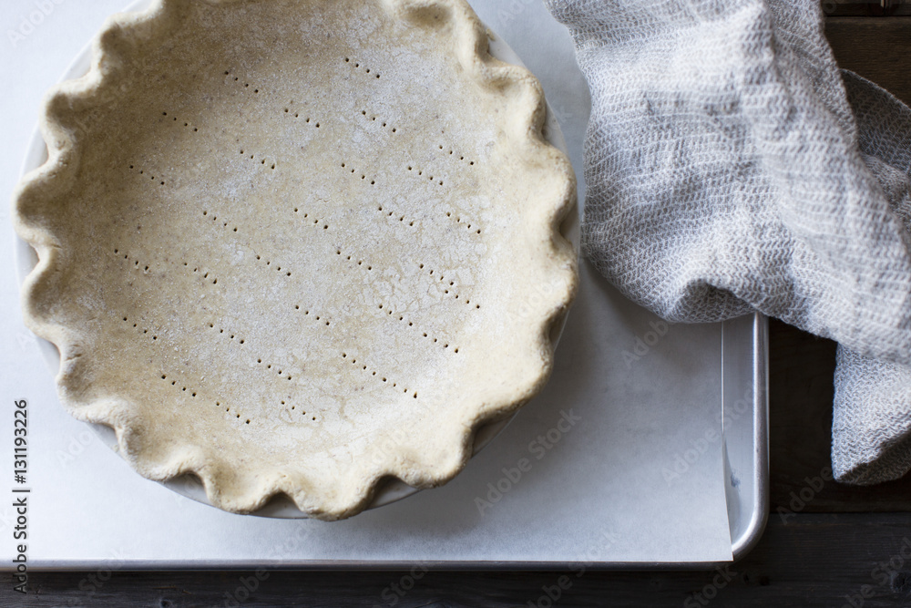 Pastry for pie on baking dish Pastry for pie on baking dish
