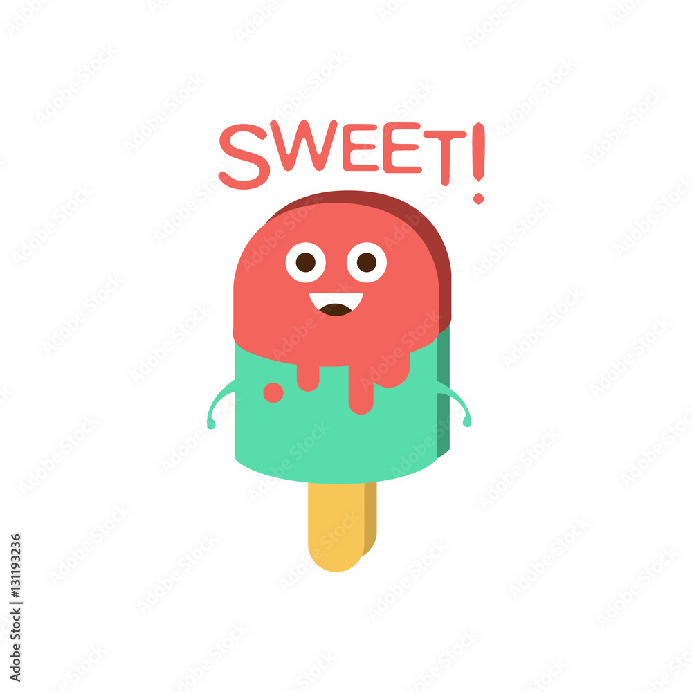 Sweet And Ice-Cream, Word And Corresponding Illustration, Cartoon Character Emoji With Eyes Illustrating The Text Sweet And Ice-Cream, Word And Corresponding Illustration, Cartoon Character Emoji With Eyes Illustrating The Text