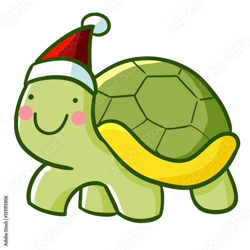 Cute and funny turtle wearing Santa's hat for christmas - vector.