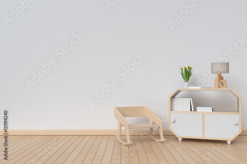 Cabinet with flowers and lamp in front of a background wall 3D render