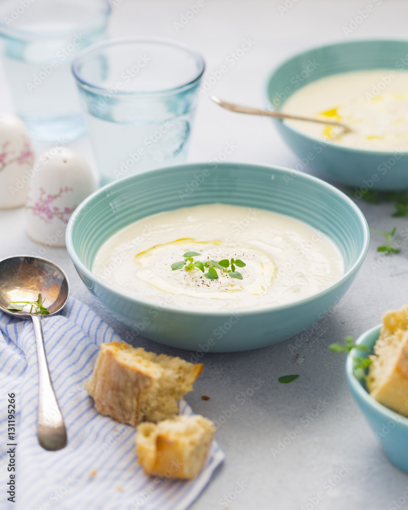 Creamy Cauliflower Soup served with toasted bruschetta Creamy Cauliflower Soup served with toasted bruschetta