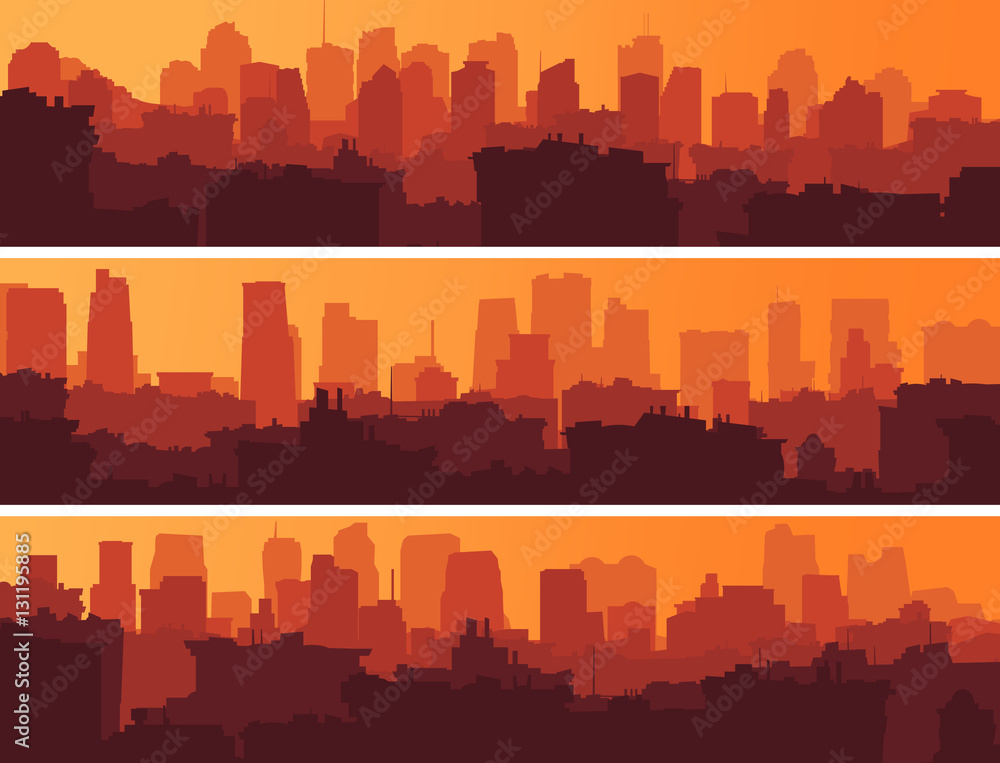 Set of banners with big city at sunset. Set of banners with big city at sunset.