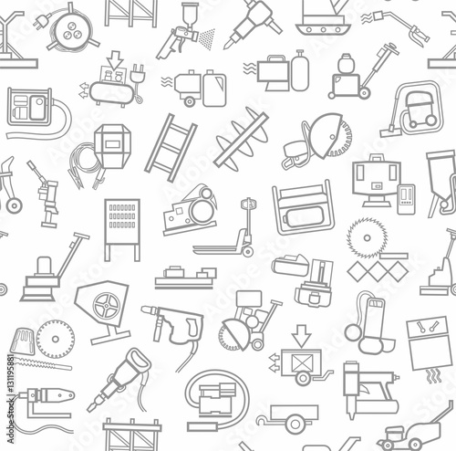 Construction equipment and tools, seamless background, white, contour. Vector background with images of equipment for construction and repair. Gray, linear pictures on a white field. 