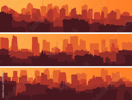 Set of banners with big city at sunset.