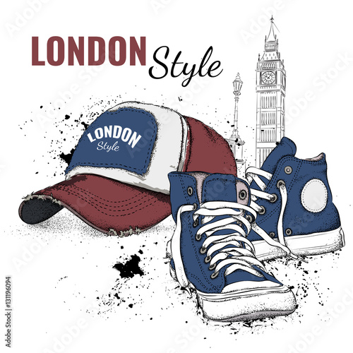 Hand drawn baseball cap and sneakers. Vector illustration