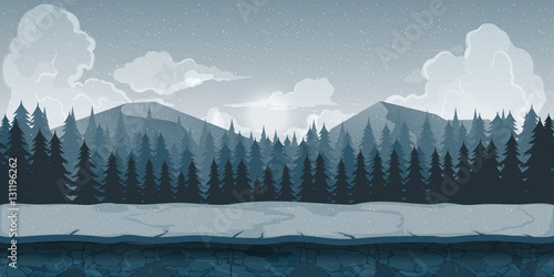 Background for games apps or mobile development. Cartoon nature landscape with forest and mountains. Vector illustration  your design