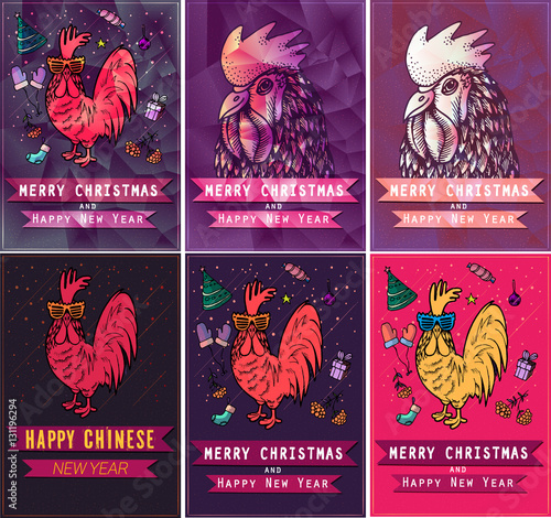 set of cards for the holidays with rooster in the hand drawn style . Illustration bright elements.