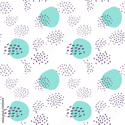 Abstract vector seamless pattern - childish style minimalistic design with geometric shapes, sketched lines. Hand drawn cute illustration