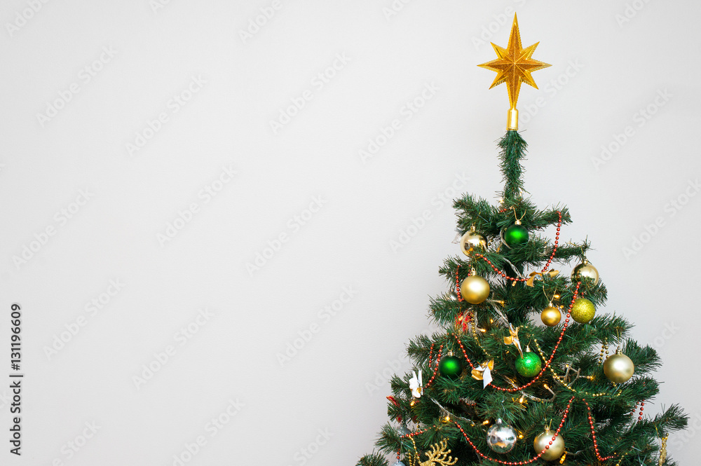 Decorated Christmas tree. Place for your text. Decorated Christmas tree. Place for your text.