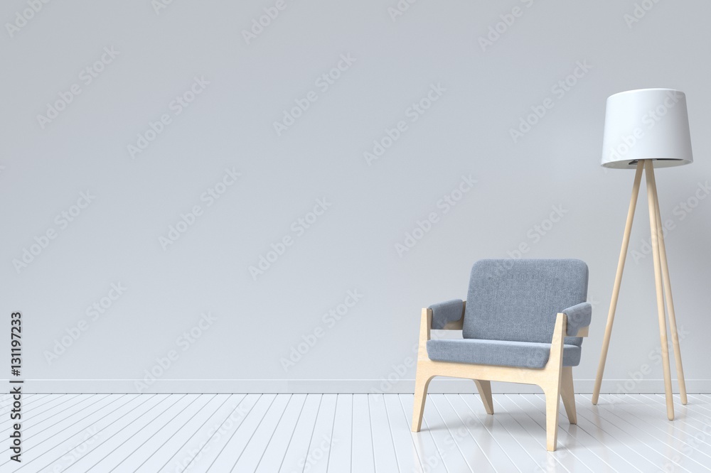 The interior has a sofa and lamp on empty white wall background,3D rendering The interior has a sofa and lamp on empty white wall background,3D rendering
