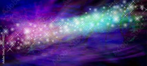 Stream of Glittering Sparkles Website Banner -  stream of white sparkles and glitter flowing from left side on a pink purple green and black background with copy space