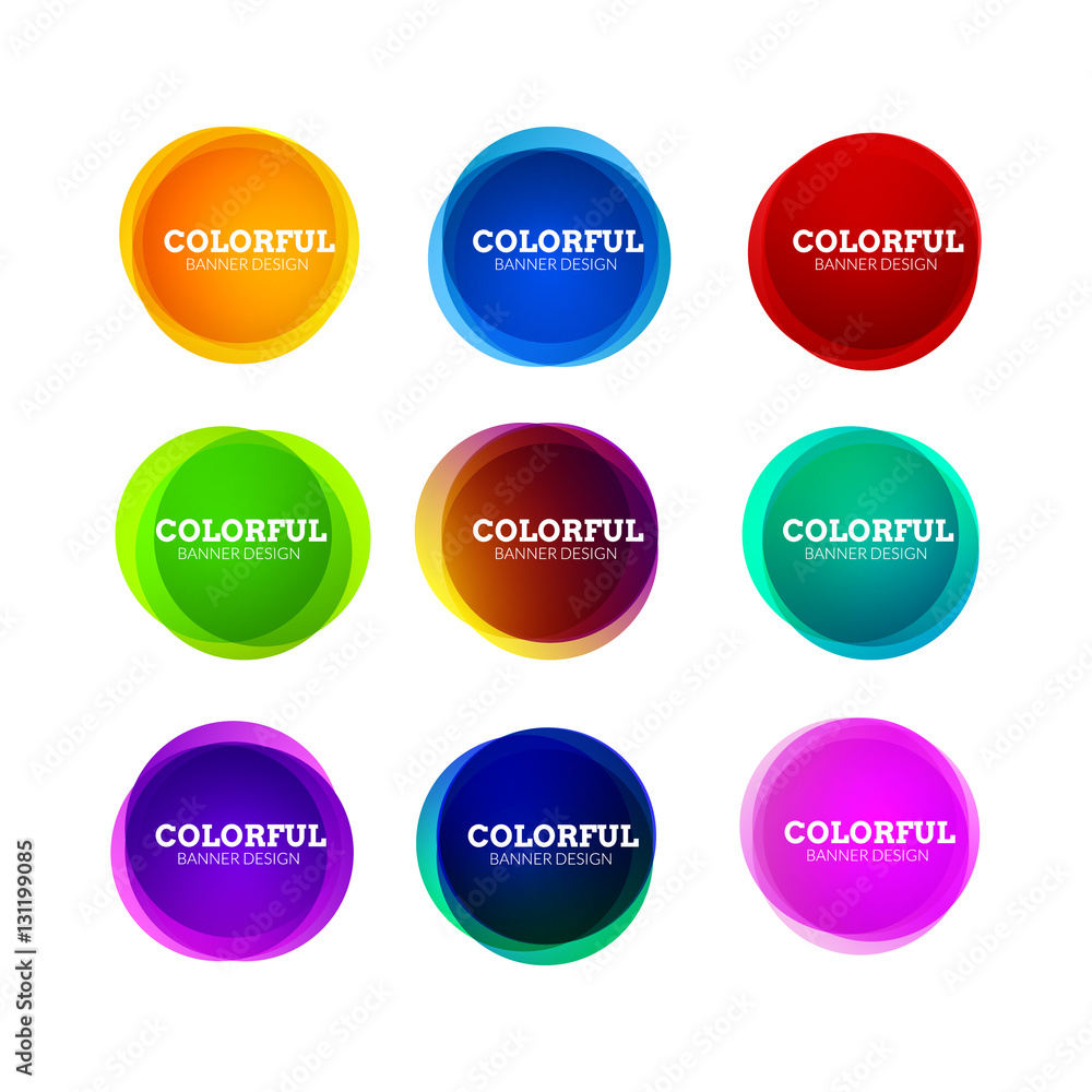 Set of colorful round abstract banners shape. Graphic overlay banners design. Fun label or tag design Set of colorful round abstract banners shape. Graphic overlay banners design. Fun label or tag design