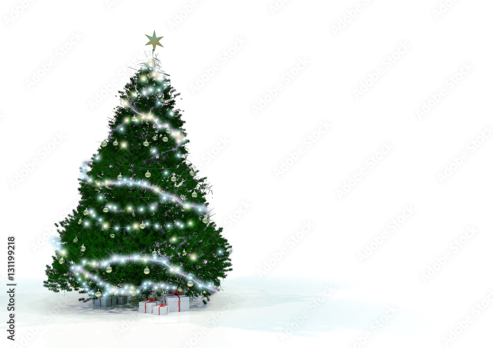 3d rendering. christmas tree with presents isolated on white. christmas tree over white background