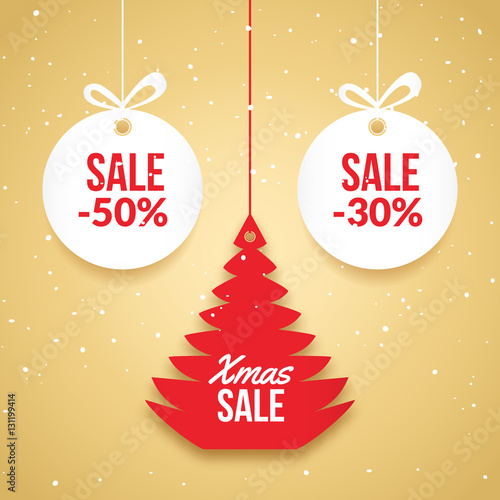 Christmas balls sale. Special offer vector tag. New year holiday card template. Shop market poster design with xmas tree