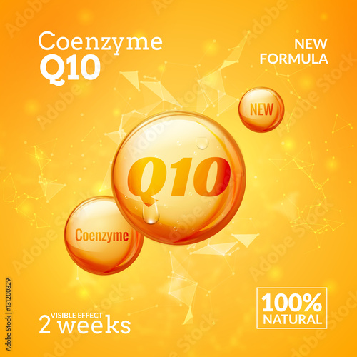 Coenzyme Q10. Supreme serum collagen oil drop vector design. Skin care essence droplet solution. Natural beauty treatment for health