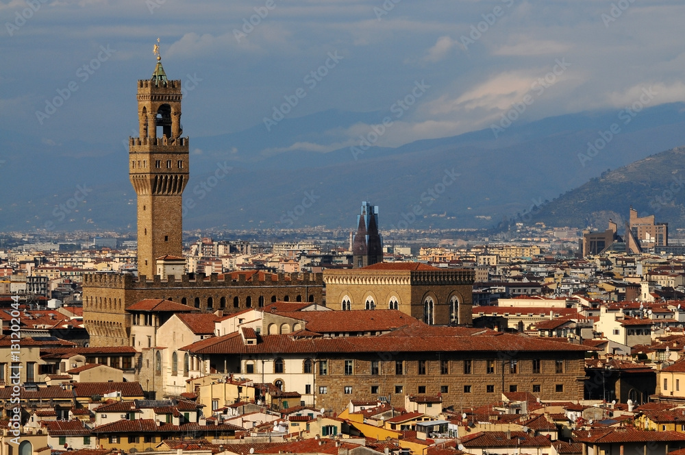 Palazzo Vecchio on piazza della Signora in the morning as seen from Piazzale Michelangelo. Florence, Italy.