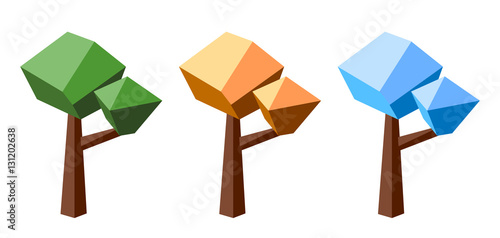 Low poly tree colored in three seasons colors: summer, autumn and winter.