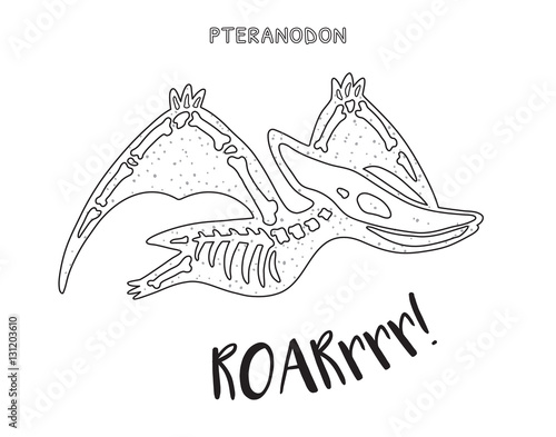 Black and white line art with dinosaur skeleton