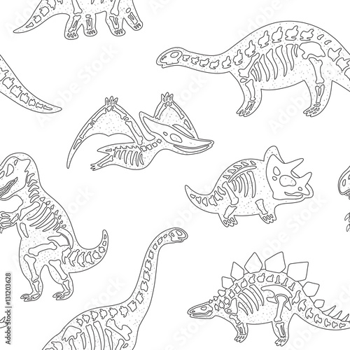 Black and white hand drawn fossil dinosaurs seamless pattern