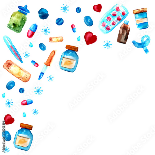 Watercolor medicine tablets and pills, capsules circle frame. Hand drawn pharmaceutical objects frame. Round border