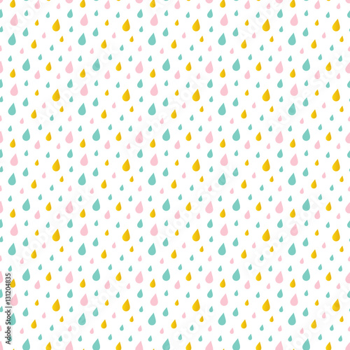 Cute little pink, mint green and gold water drops, rain seamless pattern background.