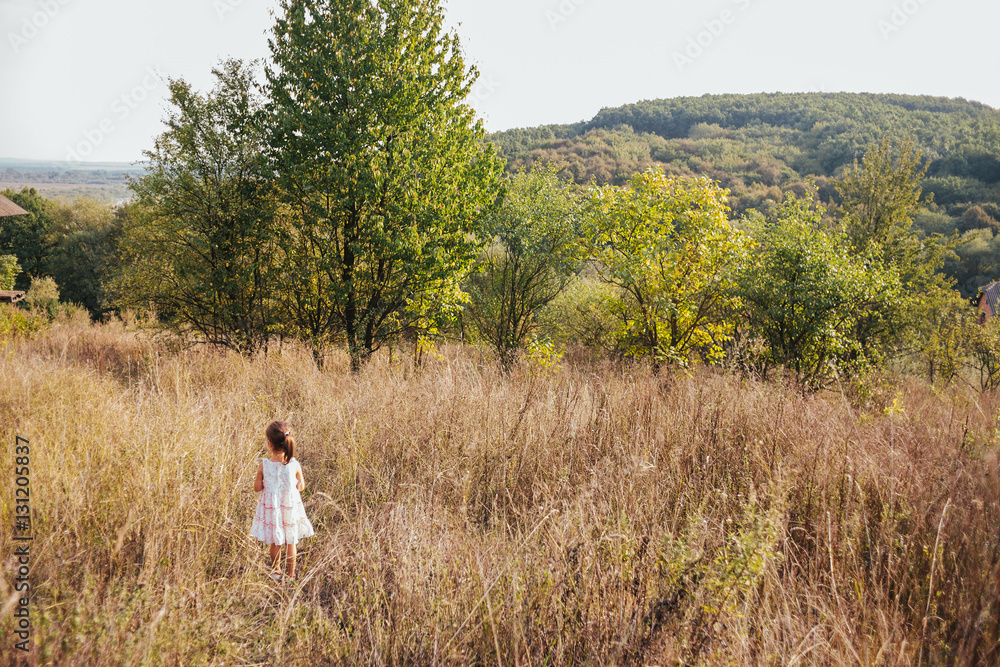 little girl in the field. dry grass