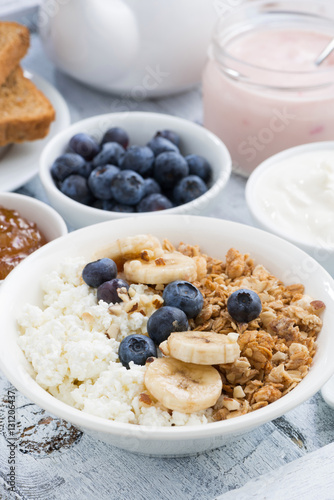 Healthy delicious breakfast with cottage cheese, muesli