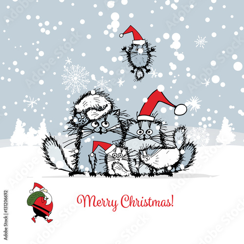 Christmas card with happy cats family