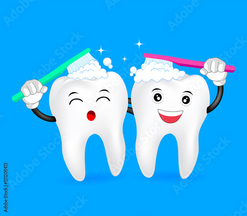cute cartoon tooth character  brushing together. Great for dental health care concept. Illustration