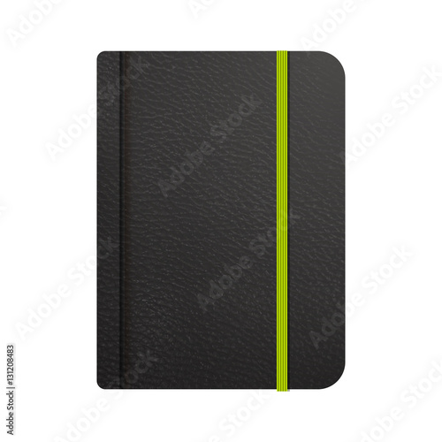Realistic vector icons of black leather notepad. Stylish notebook with bookmark for your design project.