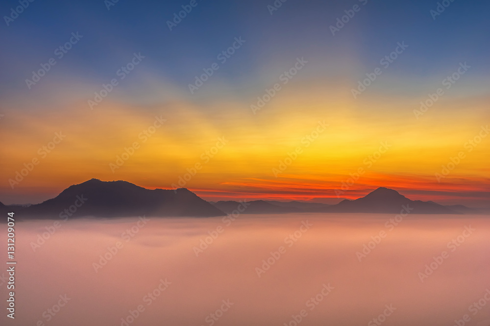 Fantastic Landscape of Misty Mountain with sun rays over Phu Tho