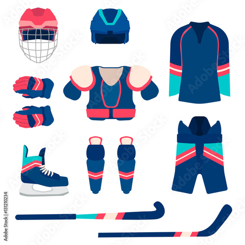 Ice hockey sport equipment set. Vector ice hockey equipment in flat style. Isolated ice hockey equipment on white background. Ice hockey equipment template.