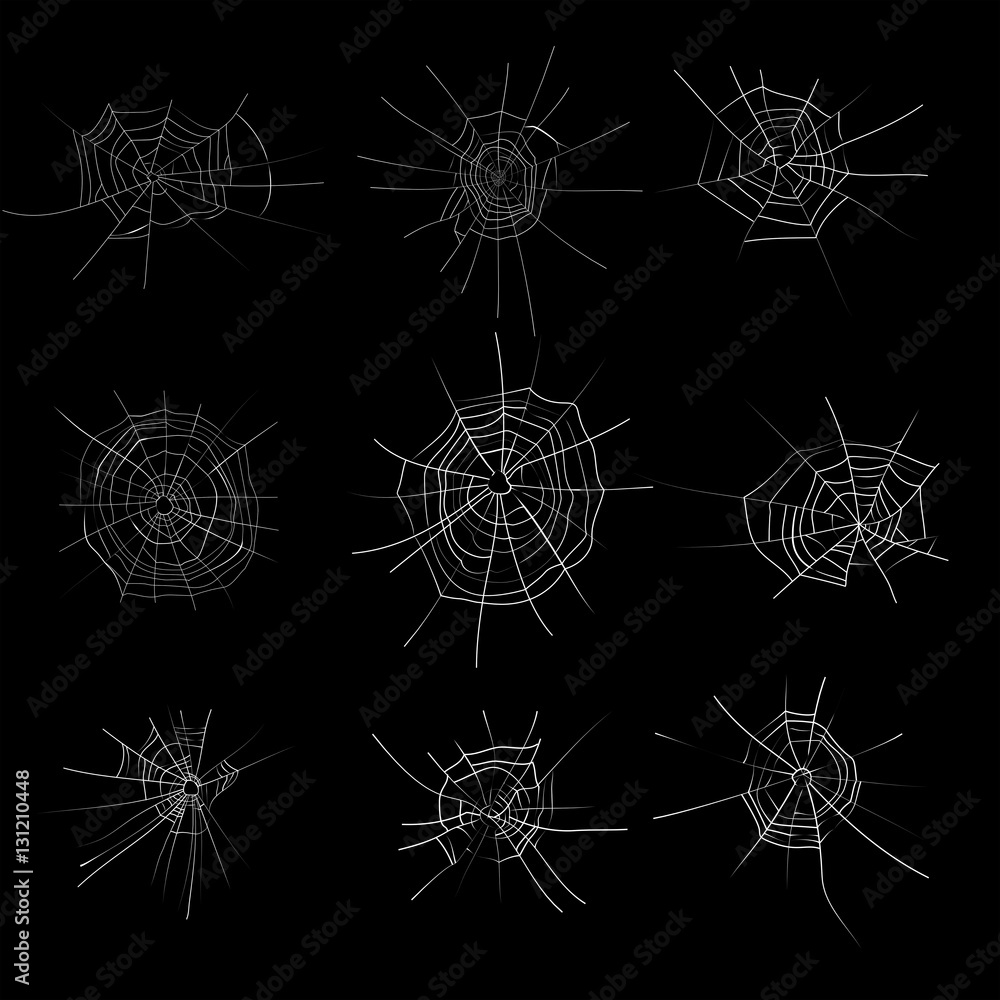 Spider web monochrome set. Cobweb halloween trap. Vector illustration