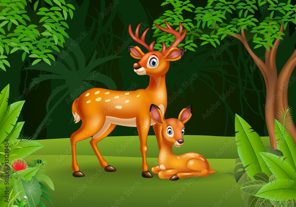 Obraz premium Cartoon deer with her calf