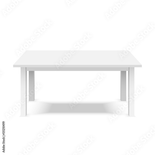 Empty top of white plastic table isolated on white background. For product display template. Vector 3d table for object presentation.