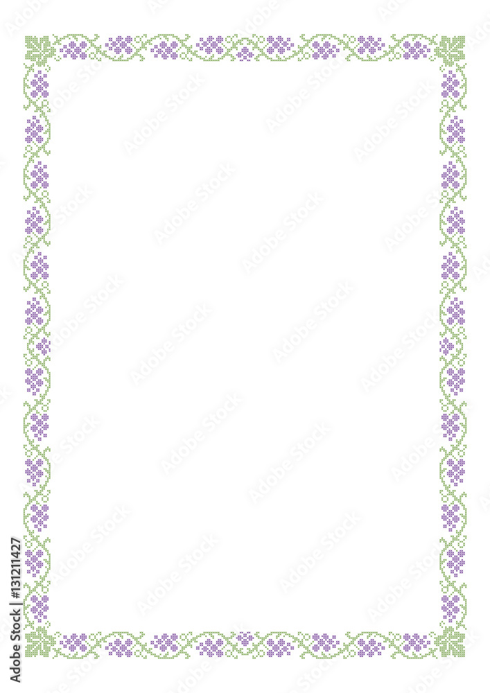 Decorative rectangular frame, cross-stitched embroidery imitation with grape and leaves. A4 page proportions.