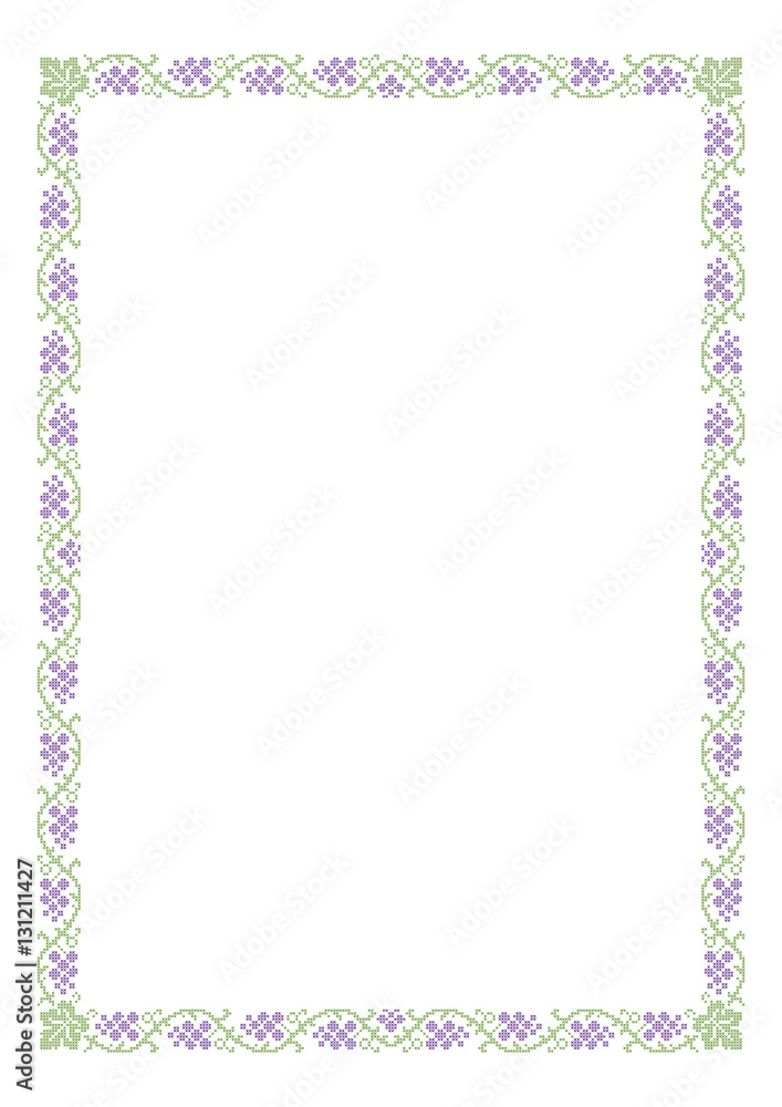 Decorative rectangular frame, cross-stitched embroidery imitation with grape and leaves. A4 page proportions. Decorative rectangular frame, cross-stitched embroidery imitation with grape and leaves. A4 page proportions.