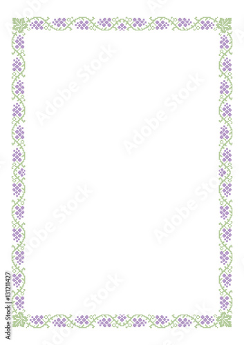 Decorative rectangular frame, cross-stitched embroidery imitation with grape and leaves. A4 page proportions.