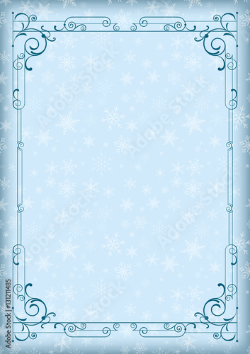 Whimsical blue rectangular frame and winter background with snowflakes. A4 page proportions.
